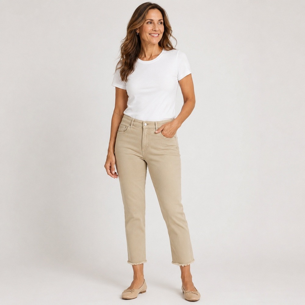 Brax Madison S Feel Good Straight Leg Cropped Jeans Beige Tan Raw Hem Stretch 29